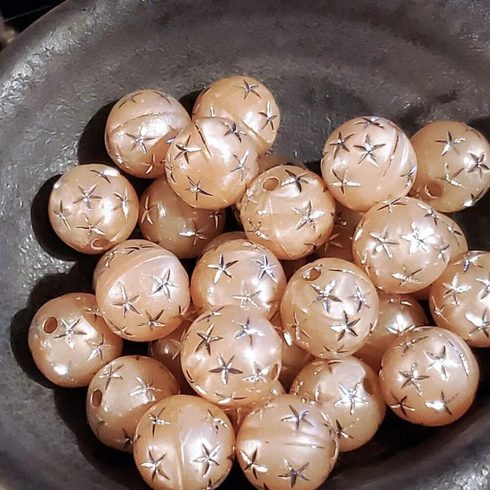 10 Vintage Retro Peach Silver Stars 12mm Round Acrylic Shabby Chic Beads